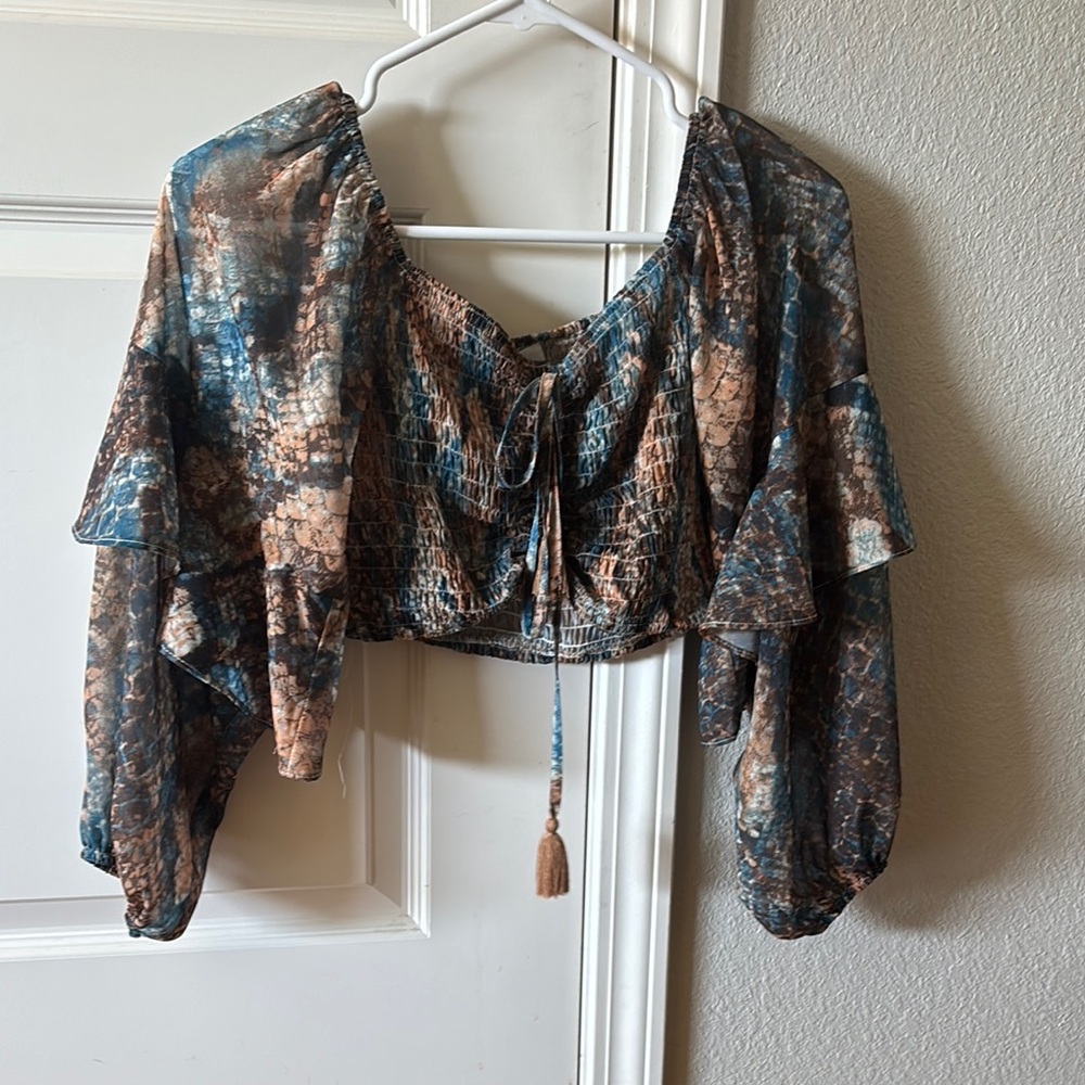 12th tribe Bohemian Tie-Front crop - Blue and Brown